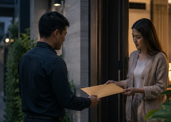 Serving documents to a female on her doorstep