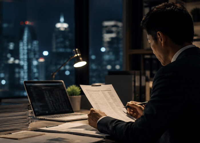 Suited man looking through paperwork in an office