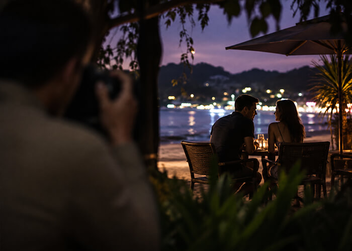 An investigator taking photos of a couple eating dinner on the beach