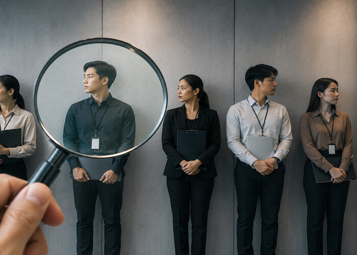 Holding a magnifying glass up in front of people